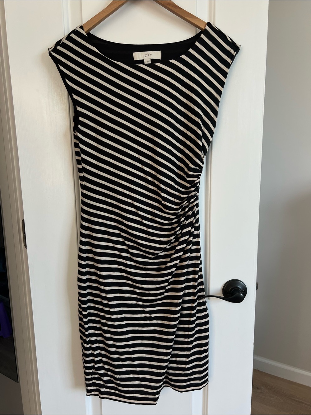 LOFT Black & White Striped Side-Ruched Midi Dress
